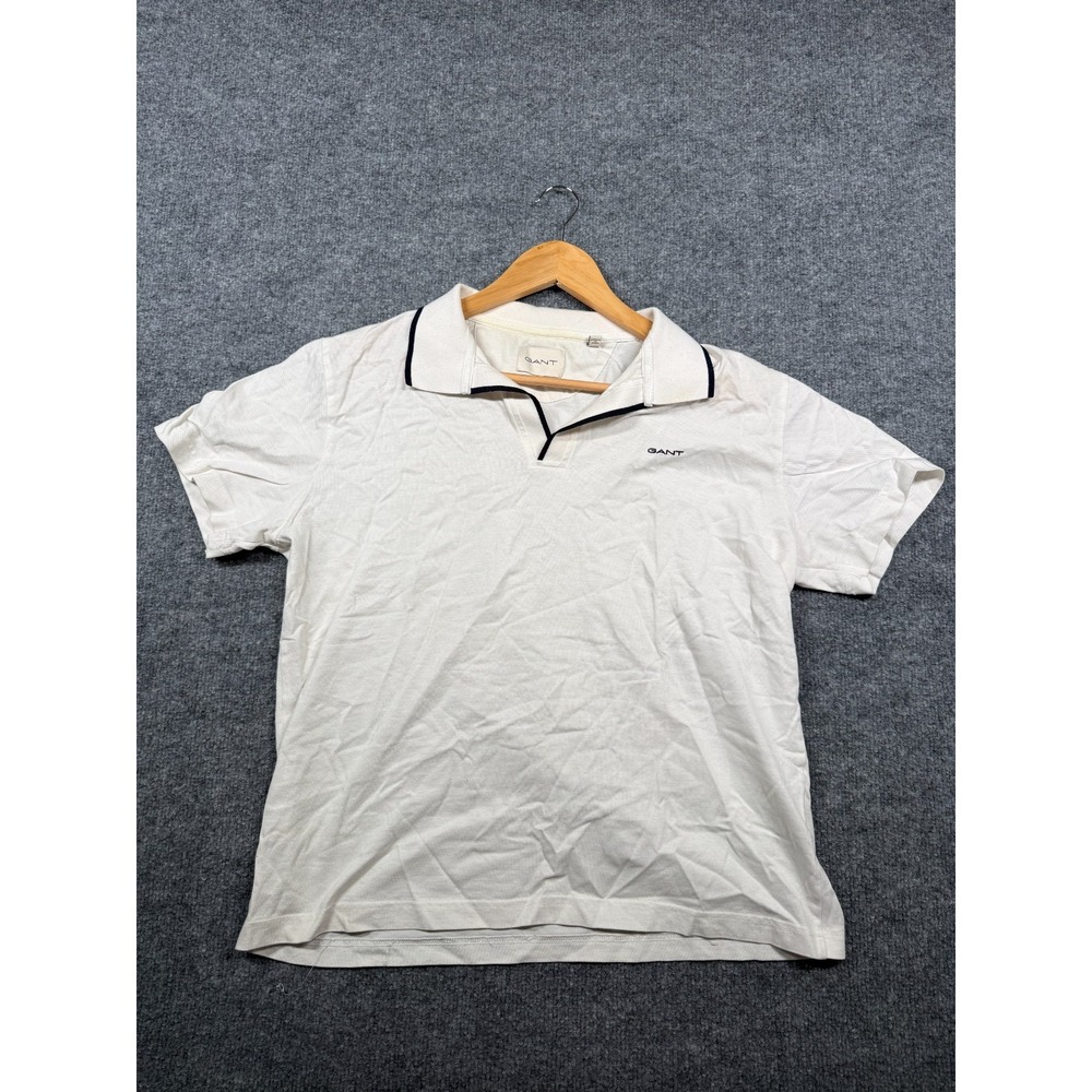 GANT Tipping Collar Polo Shirt Mens Medium Off-White Cotton Short Sleeve Popover